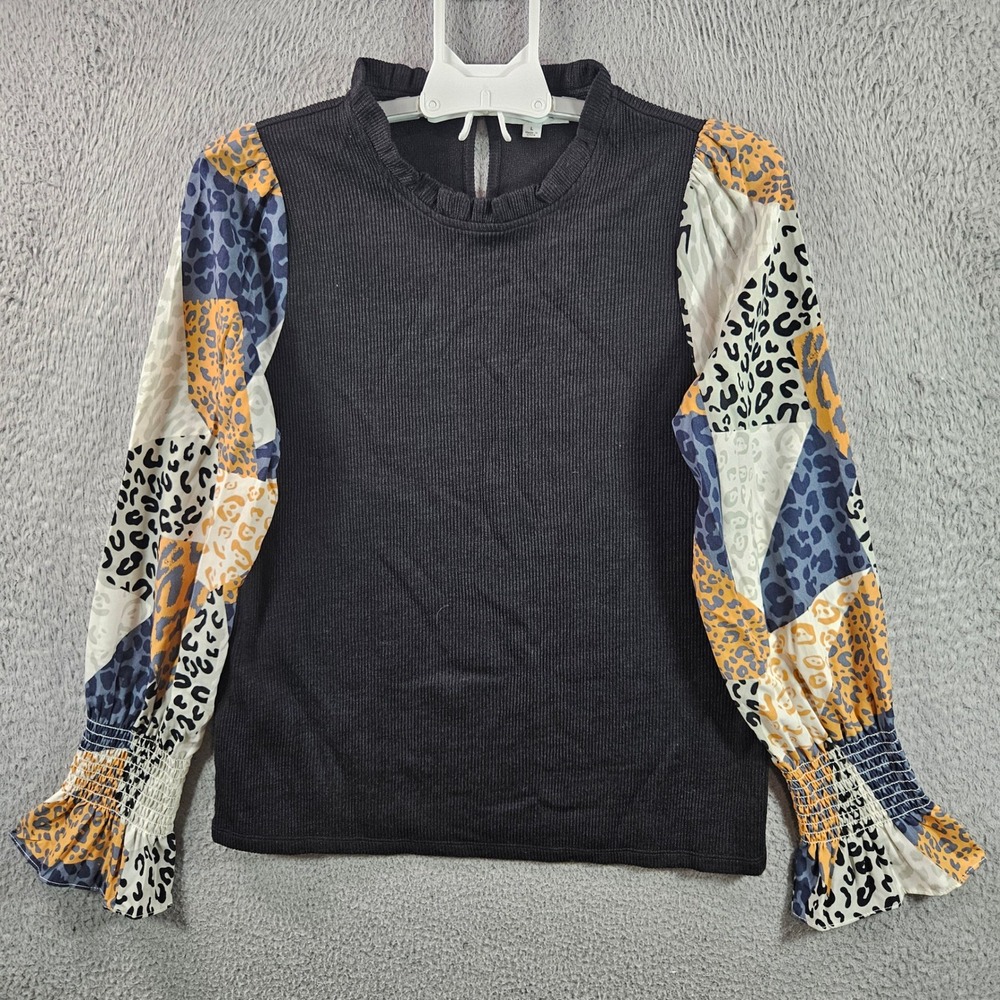 THML‎ Patchwork Leopard Print Mock Neck Long Sleeve Top Black Size L